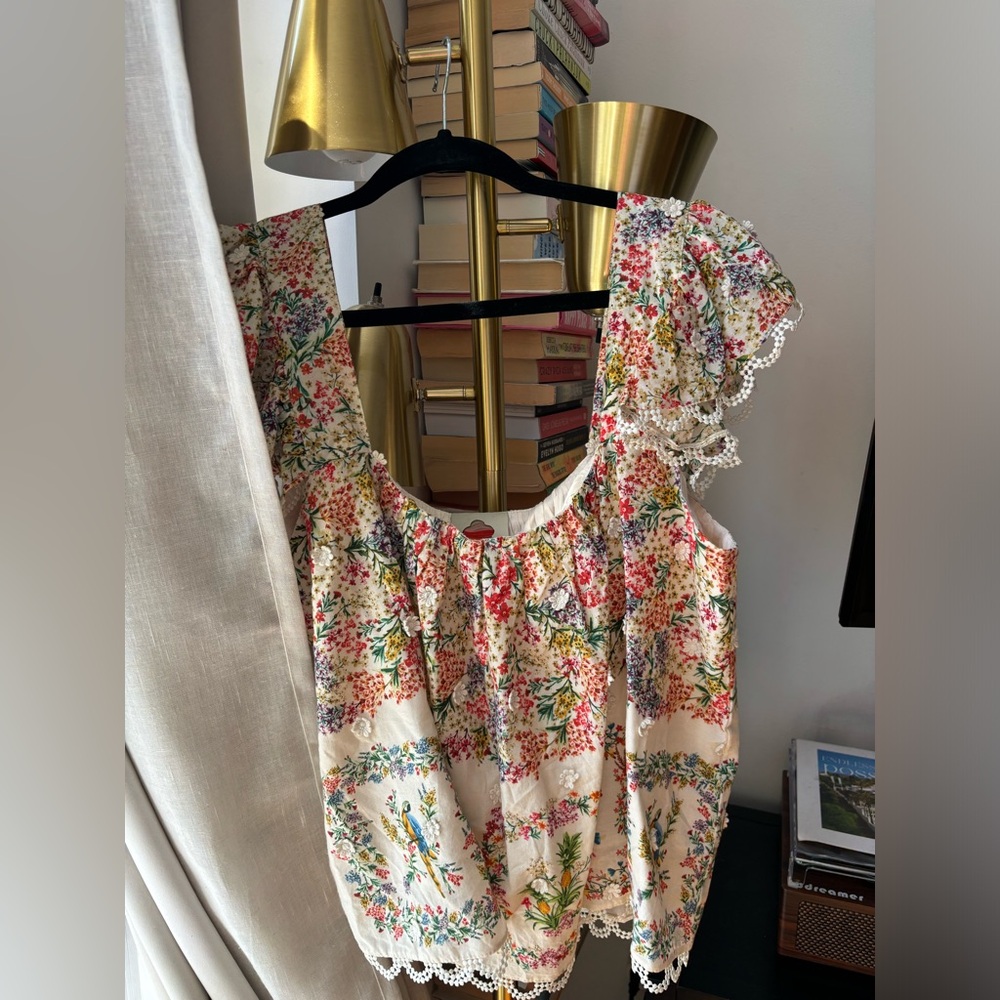 FARM RIO Delicate Forest Scarves Squareneck Embroidered BABYDOLL Blouse